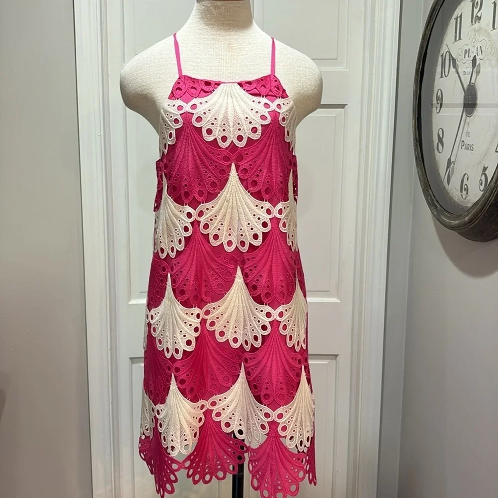 Adelyn Rae sz S pink and cream crochet spaghetti strap dress NWT